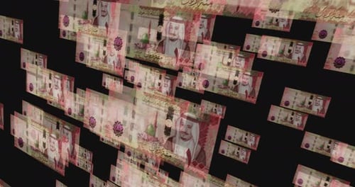 Saudi Arabia Rial 100 banknote – flying between transparent money