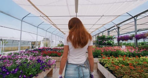 Slow motion of an young woman gardener in apron is walking satisfied with her work in a plant shop