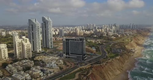 Aerial view of Netanya City and it's coastline- part of the Israeli coastal plain
