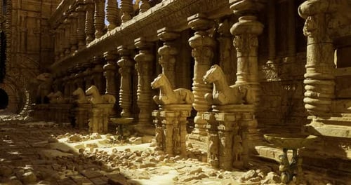 Ancient Temple Ruins with Carved Horse Sculptures and Stone Columns