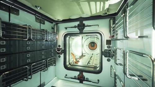 Vue intérieure d'un module de station spatiale avec espace de rangement et accès au sas