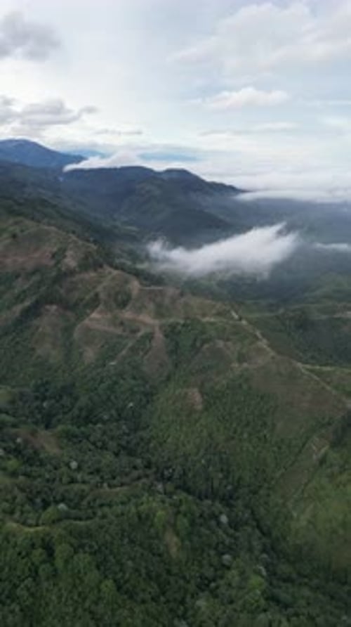 Aerial video over Salento towards a lush forested valley in the mountains of Colombia, Colombia