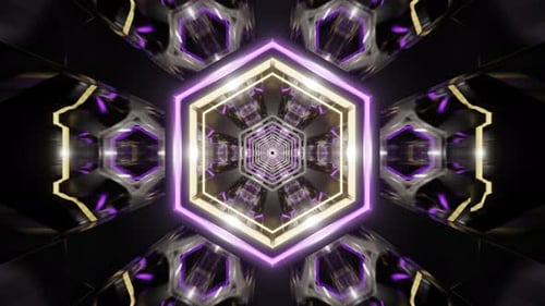 Purple And Yellow Neon Glowing Hexagoned Tunnel Background Vj Loop In 4K