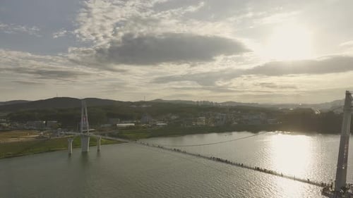 Aerial View of Suspension Bridge and Namhangang River in Yeoju