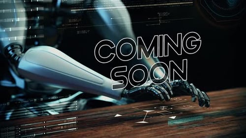 Prochainement : texte animé avec un homme d'affaires robot aérien tapant sur un clavier futuriste