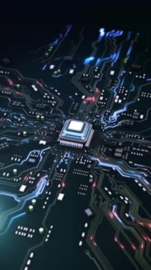 Technologie, Hintergrund, Animation, CPU, Futuristische Schaltung, 3D-Visualisierung, KI-Prozessor, Futuristisch