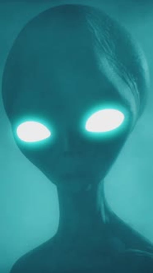 Scary gray aliens walk and look blinking on a dark smoky background.