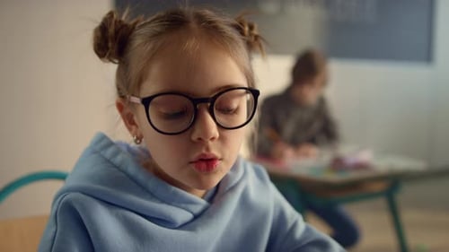 Cheerful Schoolgirl Talking At Lesson In Classroom. Portrait Of Pretty Girl Posing At School. Fem...