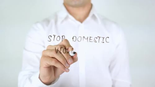 Stop Domestic Violence, Man Writing on Glass