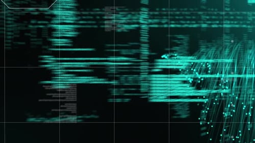Animation of data processing over grid and explosion of green light trails