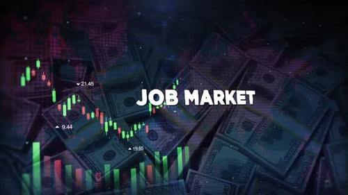 Job Market Words On Economic Background With Decrease Bar Chart Graph And Arrow