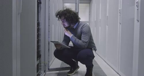 Ingénieur informatique ou spécialiste de la science des données travaillant sur une tablette dans une salle de serveurs dans un cloud moderne