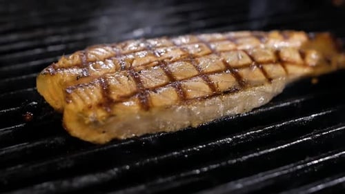 Cooking Grilled Salmon Steak Close Up