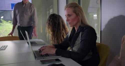 Business Meeting with Laptops in Modern Office