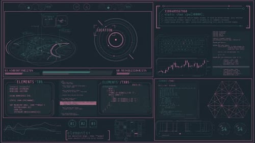 Animierter Bildschirm mit Programmcodes und Standortdatenverarbeitung in Echtzeit