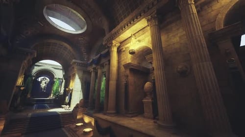 Magnificent Vaulted Corridor Featuring Sunlight and Classical Carvings