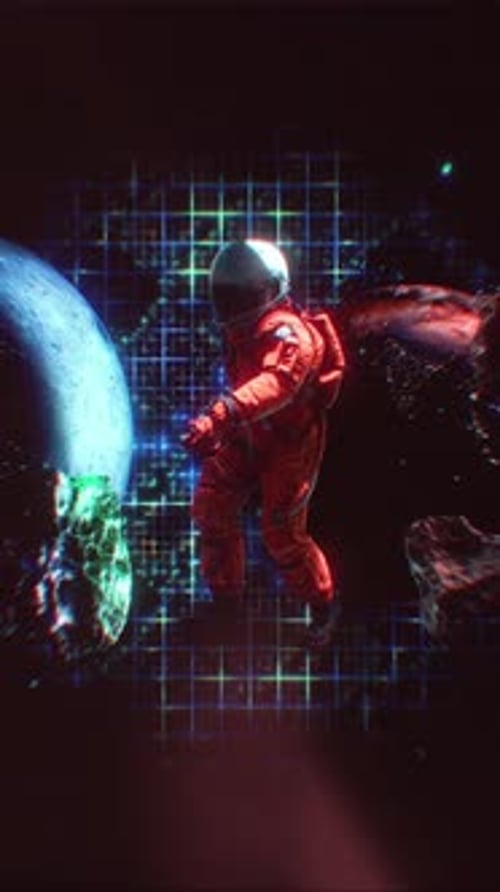 Astronaut Floating Through Sci-Fi Space Grid with Planets