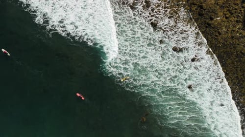 Surfers Riding Large Waves on a Nova Scotia Beach Aerial View