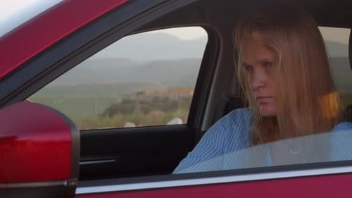 Woman Using Phone in Car Parked Near Field