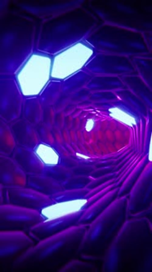 Traffic in the tunnel with flashing hexagons. Vertical looped video