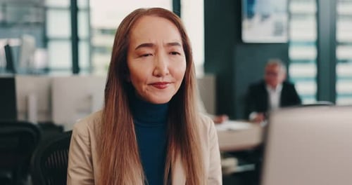 Computer, business and Asian woman in office for website, research and online proposal