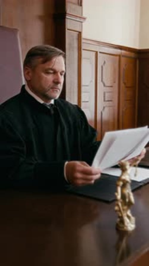 Richter prüft Rechtsdokumente und sitzt an der Richterbank