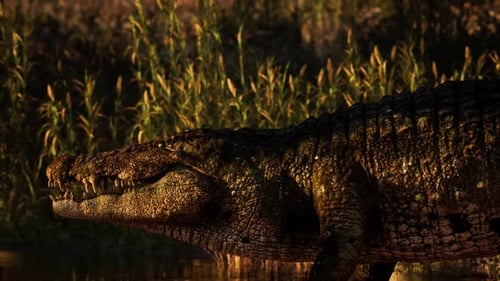 Crocodile reposant près de l'eau dans un environnement verdoyant au coucher du soleil