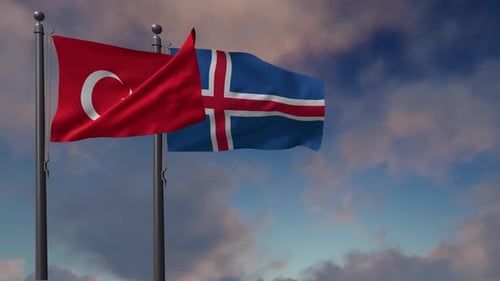 Turkey and Iceland Flags Waving Realistically in Cloudy Sky