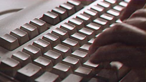 Computer Engineer Developer is Working on Old Vintage Computer 1990s Antique Classic Pc Keyboard and