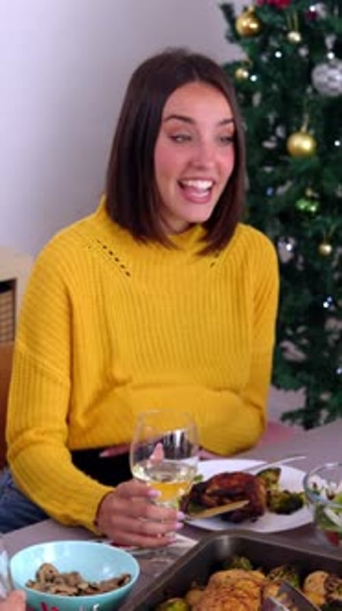 Woman Toasts Friends and Family at Christmas Dinner