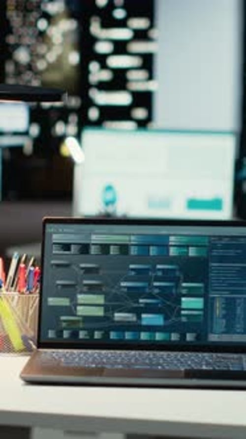 Vertical Video Empty Business Space at Midnight Showcasing Data Reports and Analytics