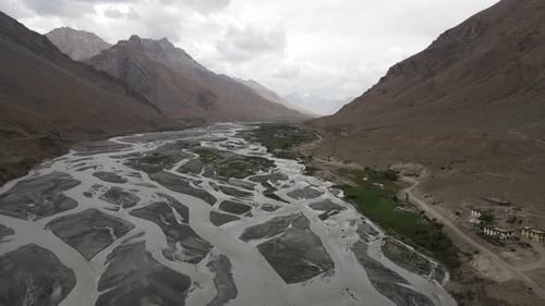 Aerial shot of beautiful river forming pattern in Spiti Valley.