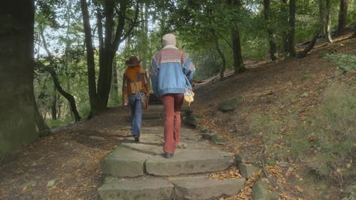 Two young females ascending stone steps in autumnal woodland. Half speed slow motion. Quarter stop p