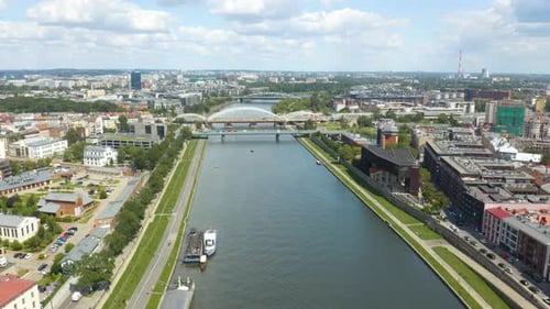 Drone Flying Above the Vistula River in Krakow, Poland