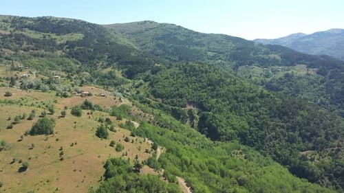 Vue aérienne des collines et des chalets remplis de forêts