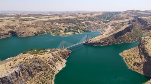Aerial Video of Large Bridge Over Euphrates in