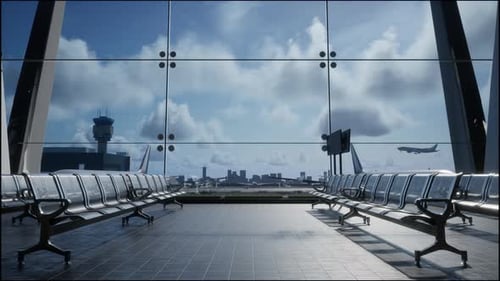 Empty Waiting Room In Airport Terminal. Airplane Landing Outside The Window
