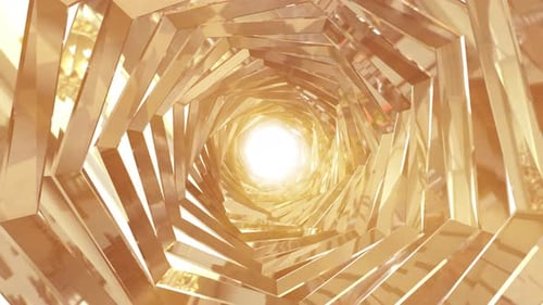 Un túnel giratorio de metal dorado con paredes de nervaduras y líneas en forma de hexágono