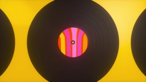 Multicolored retro vinyl records on yellow background. VJ looping 3D animation for music video