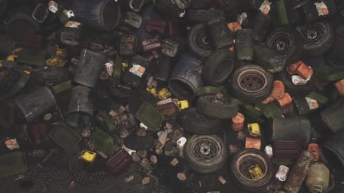 A Large Pile of Discarded Waste Materials and Containers at a Landfill Site