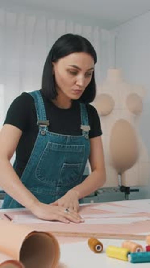 Young Woman Inspecting Clothing Pattern in Bright Studio