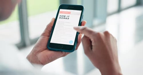 How to, phone and hands at home with research and scroll for information on tutorial for learning