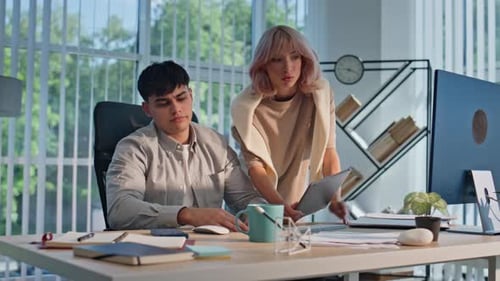 Young Businessman Working Office Agency Closeup Woman Manager Showing Tablet