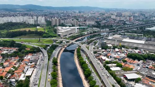 Cityscape of rush traffic at highway road. Transportation scenery.