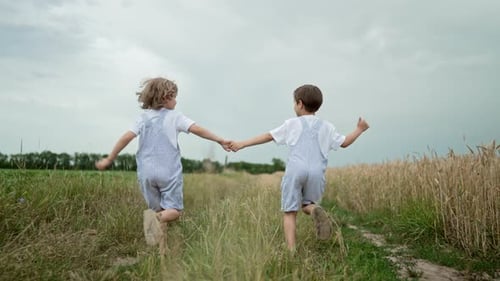 Little Happy Children Boys Running Race Outside City Natural Rural Landscape