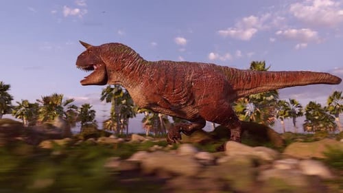 Dynamic Carnotaurus Dinosaur Running Through Prehistoric Jungle