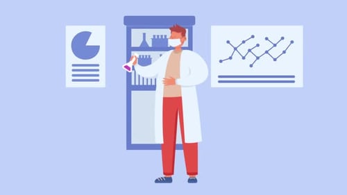 Flat Design Animation of Scientist Researching in Lab with Data Charts