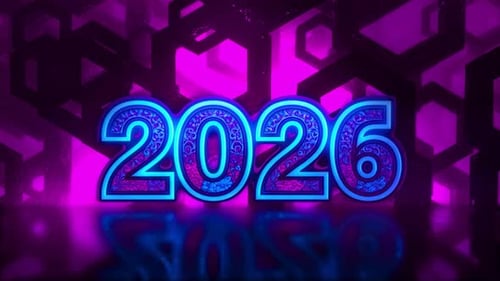 New Year 2026 Glowing Neon Text with Futuristic Background