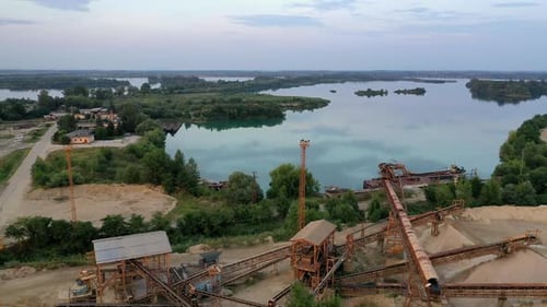 Sand quarry lake, to divide the dredged material into different fractions at sand extraction, Drone