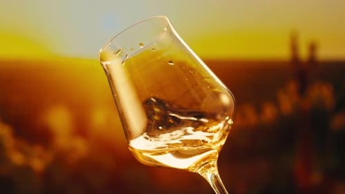 Orange or White Wine Bottle and Glass Against a Sunset in a Peaceful Vineyard Pouring of Ecological